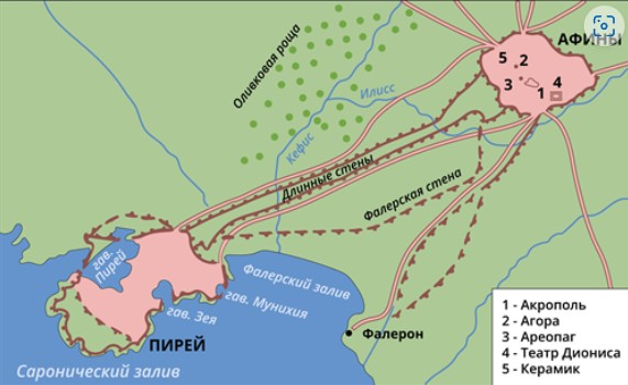 Карта стен, окружающих Афины и Пирей